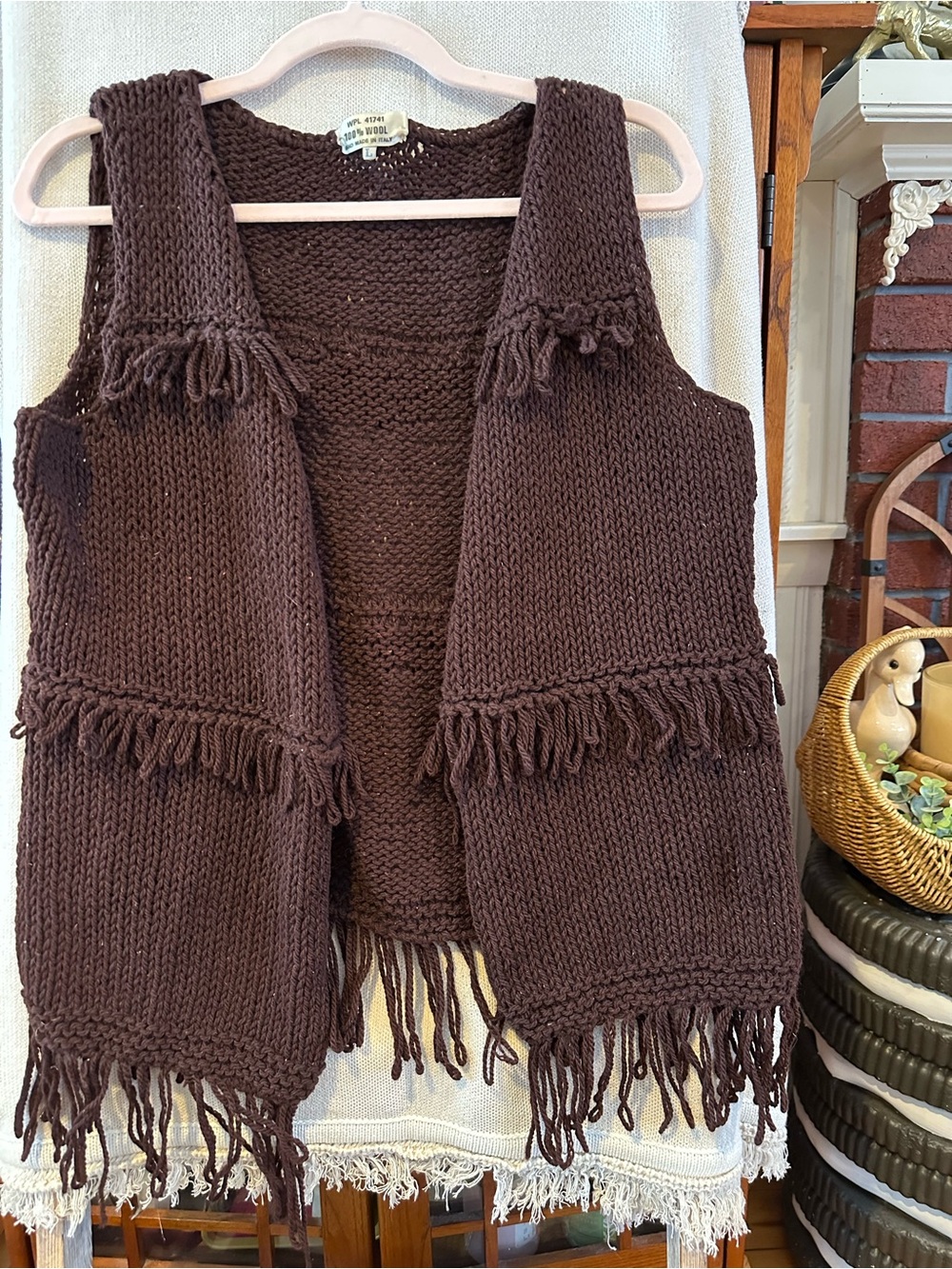 Vintage Boho Handknit Wool Fringe Brown Vest